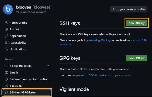 Generating and uploading SSH key (GitHub): Step 3