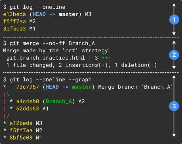 Non-Fast-forward Merge (--no-ff option) Command Line Example