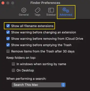 Show file extension on Mac: Step 2