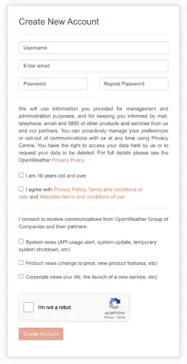 Create an account for OpenWeatherMap