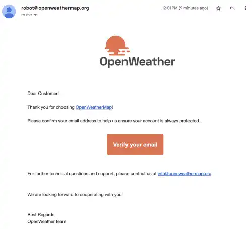 Verify your email address for OpenWeatherMap