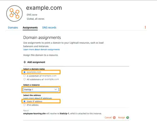 Assign the domain to the static IP address in the Lightsail console: Step 1