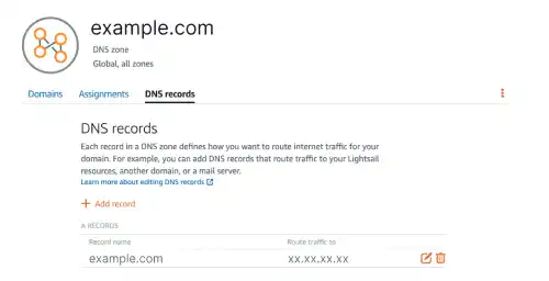 Assign the domain to the static IP address in the Lightsail console: Step 2