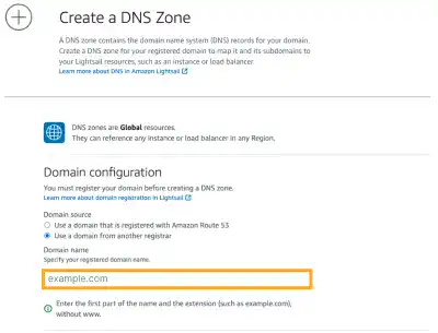 Create a DNS zone in the Lightsail console: Step 2