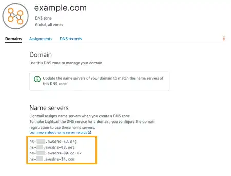 Create a DNS zone in the Lightsail console: Step 3