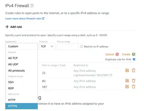 Open SSL port on AWS Lightsail: Step 2