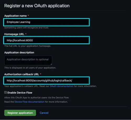 Register a new OAuth app in GitHub website: Step 4