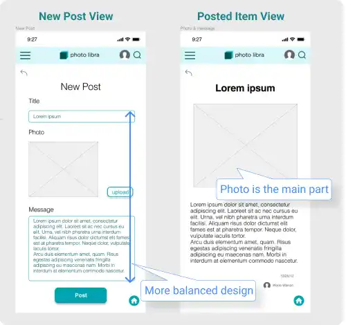 New Post and Posted Item Views for the Photo-Sharing App in Figma