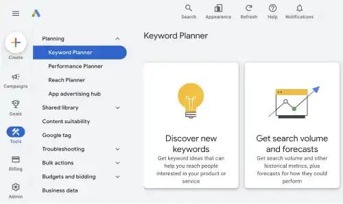 Google Keyword Planner UI on Google Ads