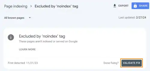 Page Indexing Issue Example - Excluded by nonindex tag