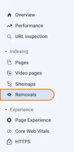Removals Menu on Search Console