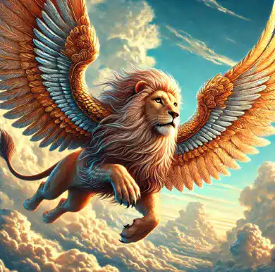 an image of a lion flying with wings (DALL-E)