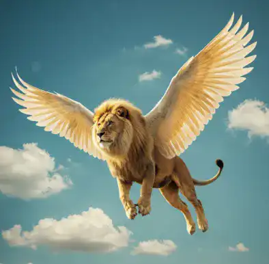 an image of a lion flying with wings (Gemini)